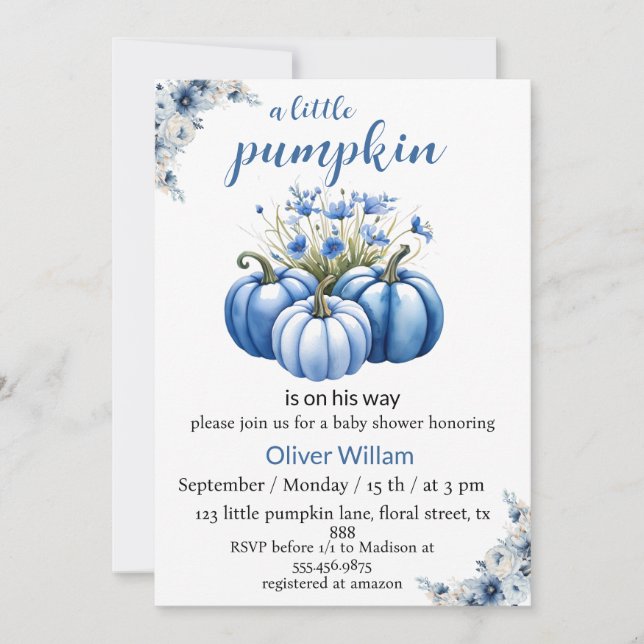 Invitación calabaza floral azul bebé ducha (Anverso)