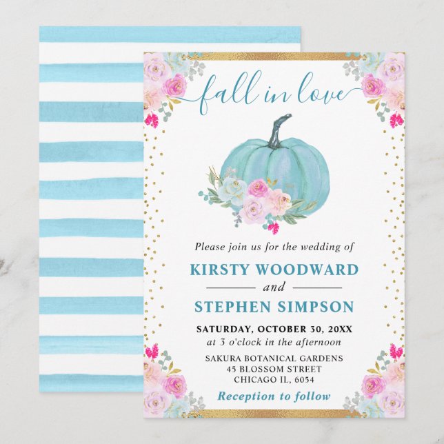 Invitación Calabaza Floral Azul Boda de Otoño (Anverso / Reverso)
