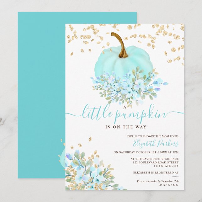 Invitación calabaza floral azul dorado acuarela ducha bebé (Anverso / Reverso)