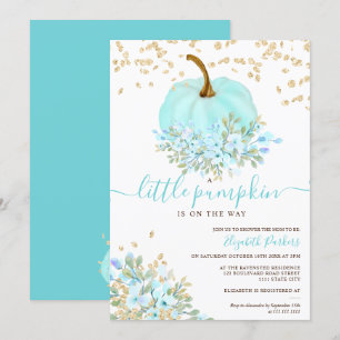 Invitación calabaza floral azul dorado acuarela ducha bebé