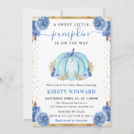 Invitación Calabaza Floral Azul y Dorado Baby Shower de Otoño