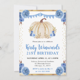 Invitación Calabaza Floral Azul y Dorado Otoño Cumpleaños 21