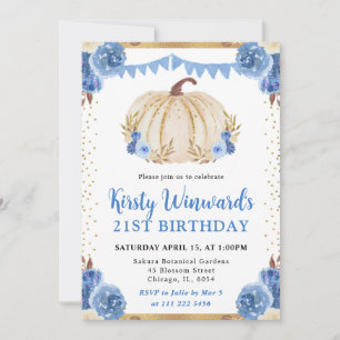 Invitación Calabaza Floral Azul y Dorado Otoño Cumpleaños 21