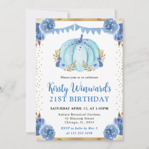Invitación Calabaza Floral Azul y Dorado Otoño Cumpleaños 21
