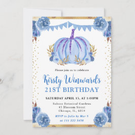 Invitación Calabaza Floral Azul y Dorado Otoño Cumpleaños 21