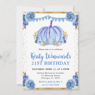 Invitación Calabaza Floral Azul y Dorado Otoño Cumpleaños 21