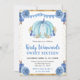Invitación Calabaza Floral Azul y Dorado Otoño Dulces 16