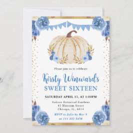 Invitación Calabaza Floral Azul y Dorado Otoño Dulces 16