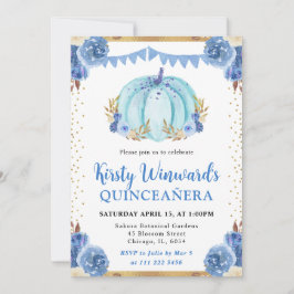 Invitación Calabaza Floral Azul y Dorado Otoño Quinceañera