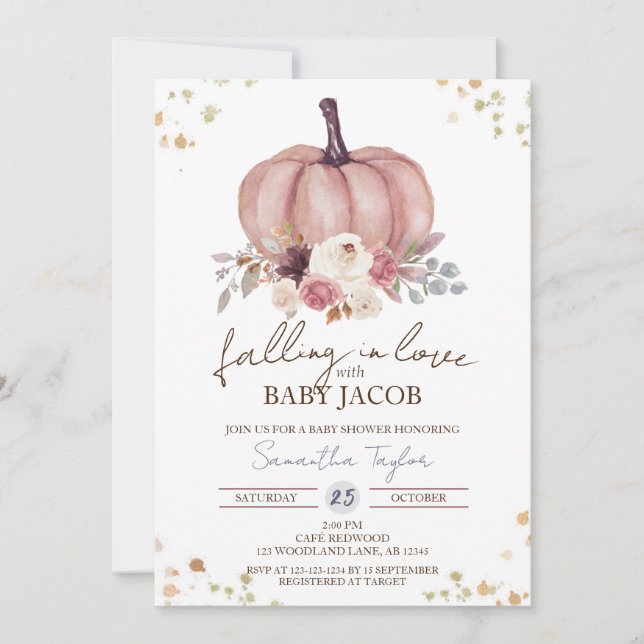Invitación Calabaza floral Baby Shower, Rústica otoñal, Caída (Anverso)