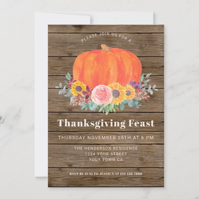 Invitación Calabaza Floral Barn Wood Cena de Acción de Gracia (Anverso)