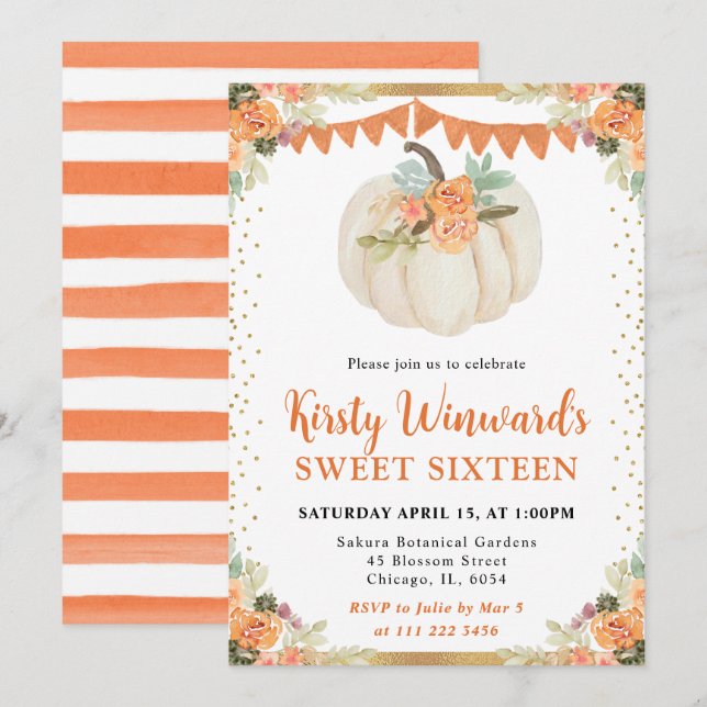 Invitación Calabaza floral blanca y naranja Caen dulces 16 (Anverso / Reverso)
