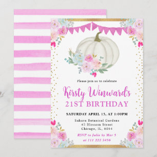 Invitación Calabaza Floral Blanca y Rosa Otoño Cumpleaños 21