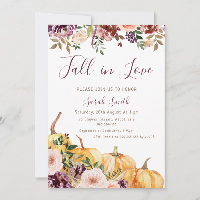 Invitación Calabaza floral cae en amor ducha de novia (Anverso)