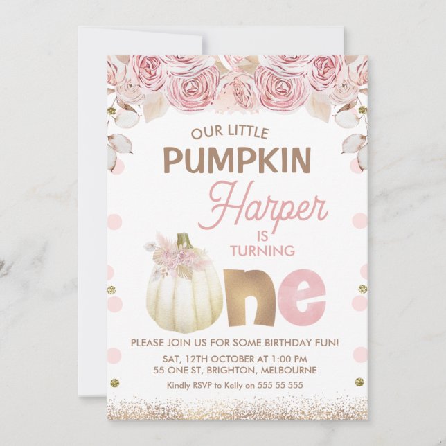 Invitación Calabaza floral de Boho Pink Brown Primer cumpleañ (Anverso)