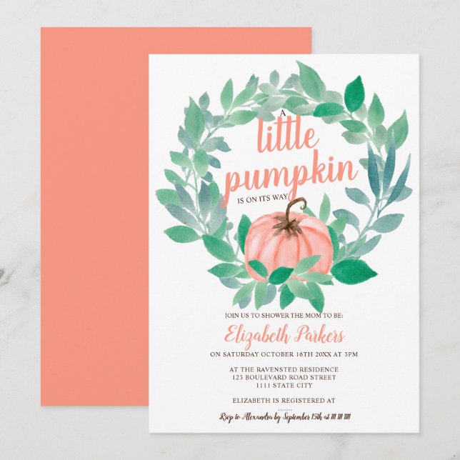 Invitación Calabaza floral de coral otoño acuarela de la duch (Anverso / Reverso)