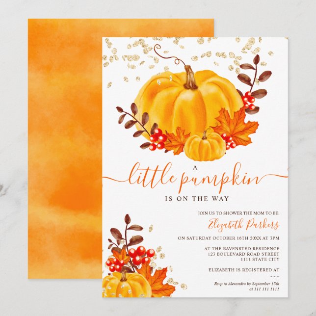 Invitación Calabaza floral de oro lindo acuarela de la ducha  (Anverso / Reverso)