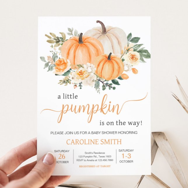 Invitación Calabaza floral de otoño naranja (Fall Pumpkin Baby Shower Invitation )