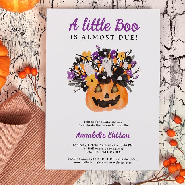 Invitación Calabaza floral de pequeño baño ducha de bebé Hall (Little boo floral pumpkin Halloween baby shower Invitation)
