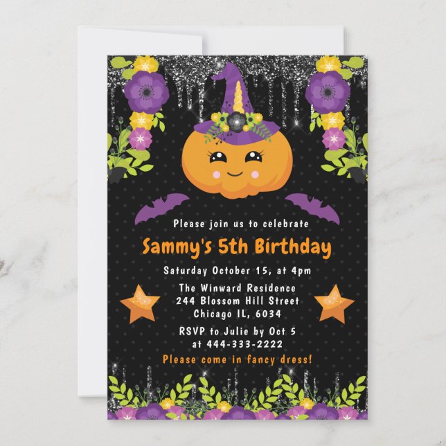 Invitación Calabaza Floral Lindo Cumpleaños de Halloween (Anverso)