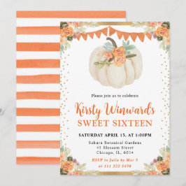 Invitación Calabaza Floral Naranja y Blanco Otoño Dulces 16