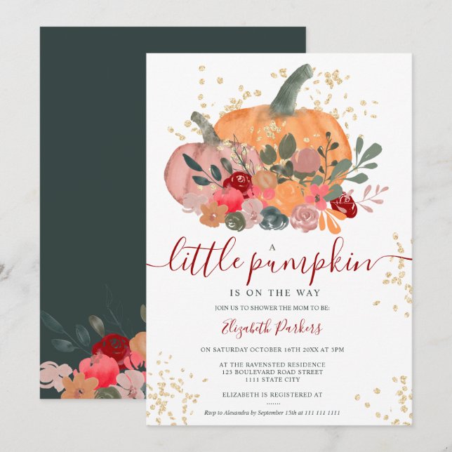 Invitación Calabaza floral roja verde ruidosa caída de bebé d (Anverso / Reverso)