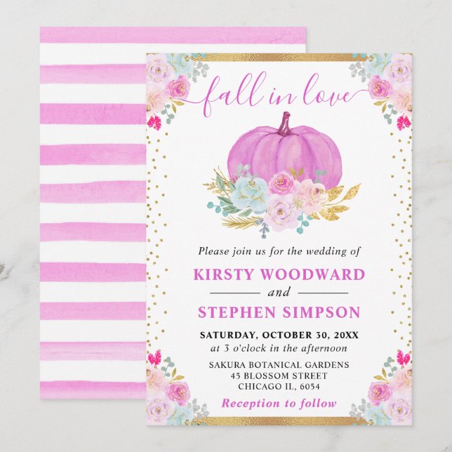 Invitación Calabaza Floral Rosa Boda de Otoño (Anverso / Reverso)