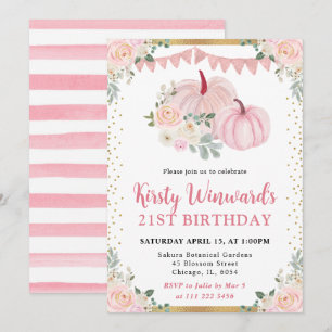 Invitación Calabaza Floral Rosa Claro Cumpleaños Otoño 21