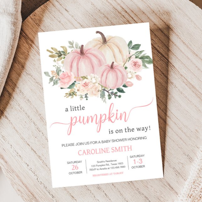 Invitación Calabaza floral rosa de otoño (Fall Pumpkin Baby Shower Invitation
)