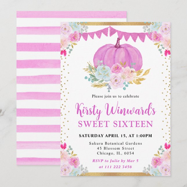 Invitación Calabaza Floral Rosa Dulce Dieciséis (Anverso / Reverso)