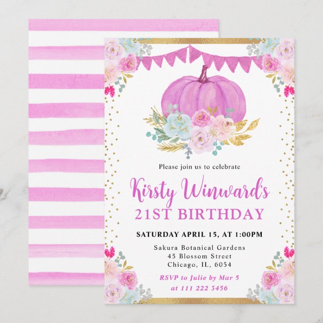 Invitación Calabaza Floral Rosa Otoño Cumpleaños 21 (Anverso / Reverso)