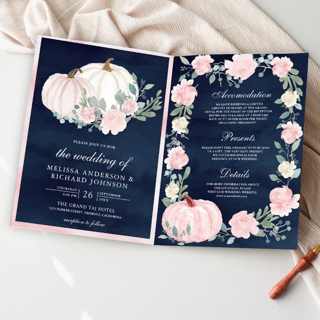 Invitación Calabaza Floral Rosa Rubor Código QR Bodas Azul Ma (Subido por el creador)