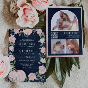Invitación Calabaza Floral Rosa Rubor Código QR Bodas Azul Ma