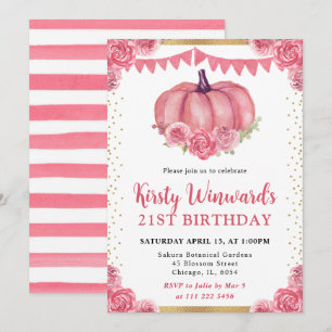 Invitación Calabaza floral rosa y blanca Cumpleaños 21 de oto