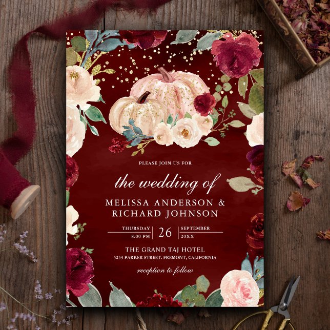 Invitación Calabaza floral Rustic Gold Peach Floral Burgundy  (Subido por el creador)
