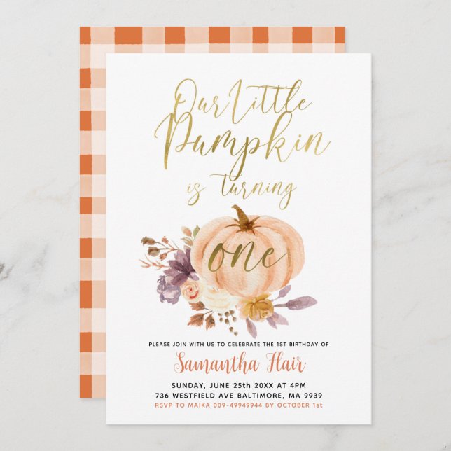 Invitación Calabaza Floral Rústica Cumple Un Cumpleaños (Anverso / Reverso)