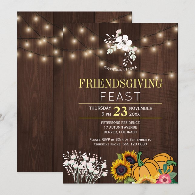Invitación Calabaza Floral Rústica Madera Ilumina Amistad (Anverso / Reverso)