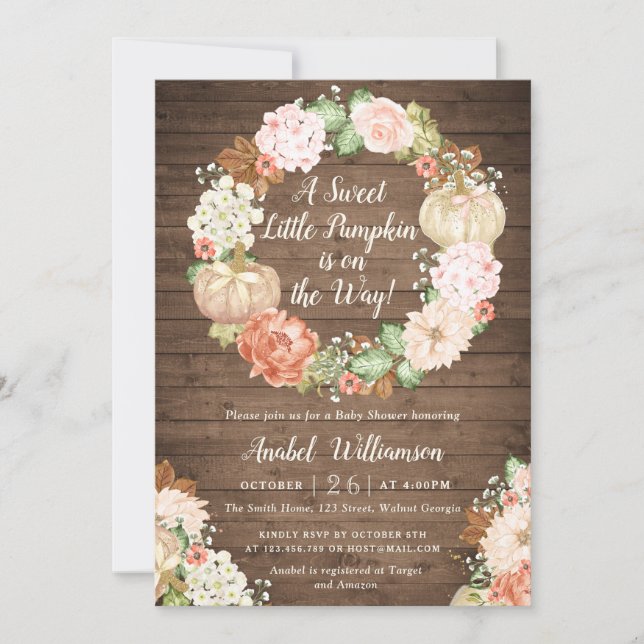 Invitación Calabaza floral Rústica Wood Wreath Baby Shower (Anverso)