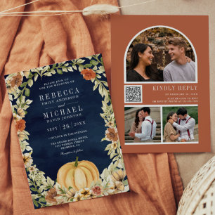 Invitación Calabaza floral Terracotta Código QR Boda de la Ma