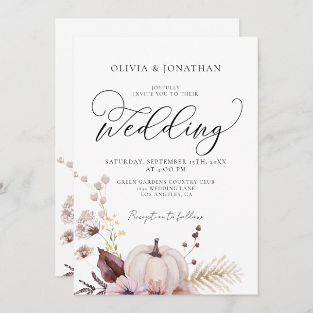 Invitación Calabaza floral todo en 1 Boda de código QR presup (Anverso / Reverso)