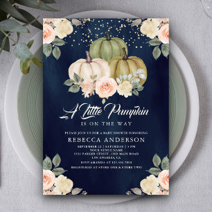 Invitación Calabaza Floral Verde Salvia Melocotón Azul Marino