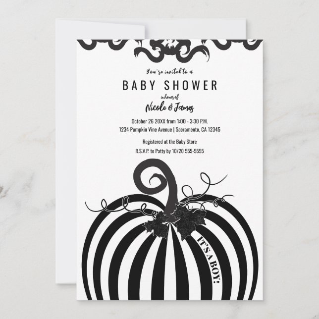 Invitación Calabaza franqueada en blanco y negro de otoño Bab (Anverso)