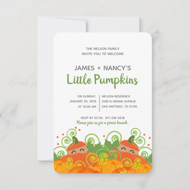 Invitación calabaza gemela BABY SHOWER niño chica tono de pie (Anverso)