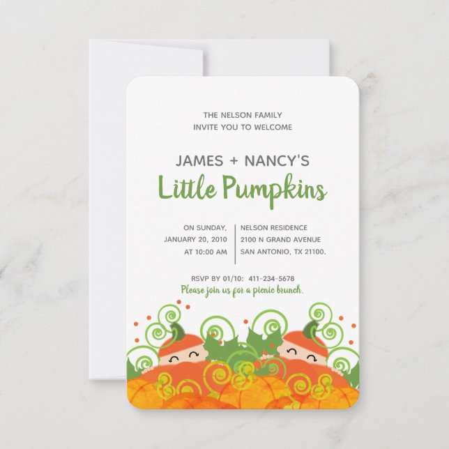 Invitación calabaza gemela BABY SHOWER niño chica tono de pie (Anverso)