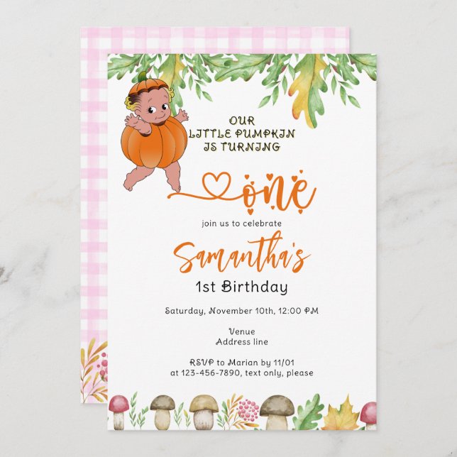 Invitación Calabaza girando un hongo sembrado 1er cumpleaños (Anverso / Reverso)