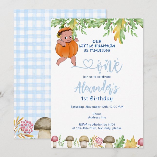 Invitación Calabaza girando un hongo sembrado 1er cumpleaños (Anverso / Reverso)