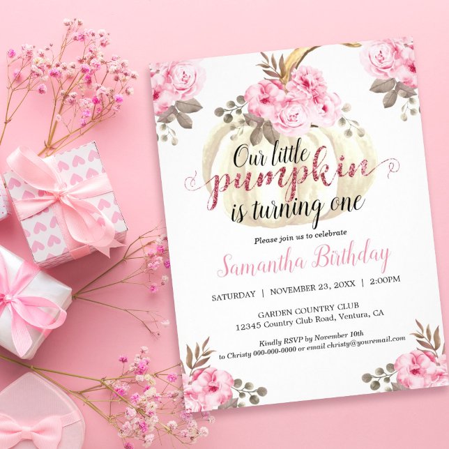 Invitación Calabaza girando una flor acuarela (Our little pumpkin is turning one so celebrate with this fall-inspired floral baby shower invitation)