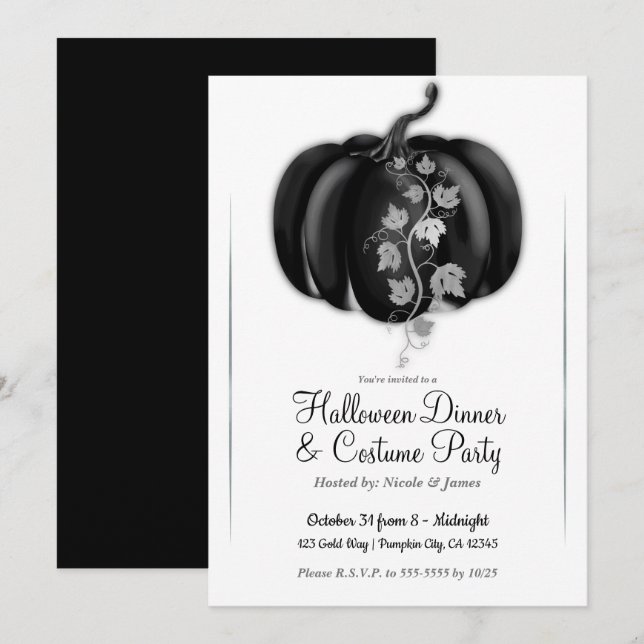 Invitación Calabaza glamour negra y plateada para cena de Hal (Anverso / Reverso)