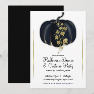 Invitación Calabaza Glamour Negro y Dorado Cena de Fiesta de