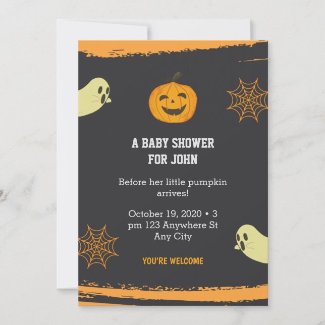Invitación Calabaza Halloween Pequeño Boo Negro Baby Shower (Anverso)
